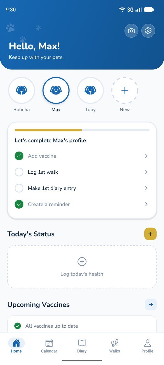 Everything in one place: The home screen: profile, what is left to complete and the next vaccines.