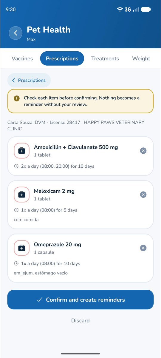 Prescription read from a photo: Medication, dose and schedule come pre-filled.