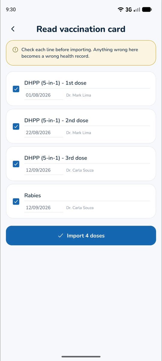 Card read from a photo: Every dose recognized, for you to check before importing.