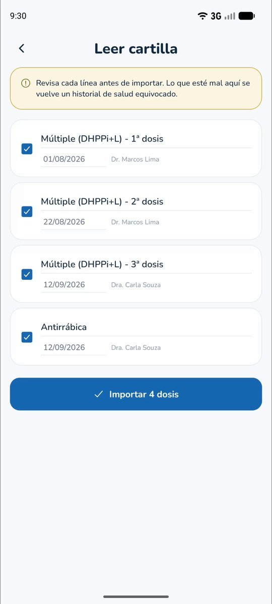 Cartilla leída de la foto: Cada dosis reconocida, para que revises antes de importar.