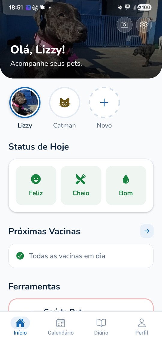 Tela inicial do Boopet: cabeçalho com a foto da cadela Lizzy, seletor de pets, status do dia e próximas vacinas.