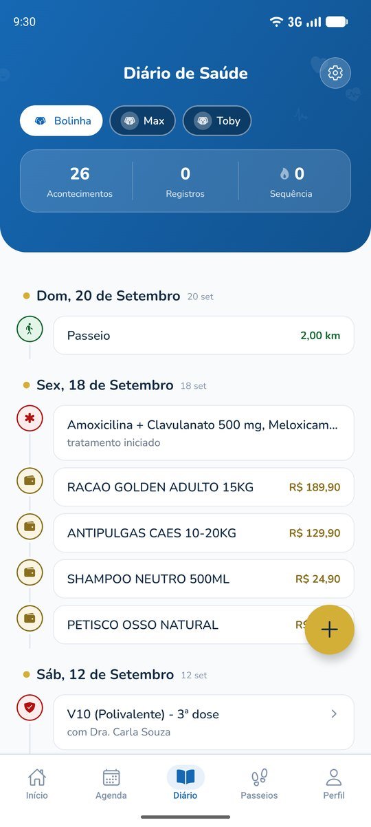 Diário de saúde: Cada acontecimento do pet, em ordem, num lugar só.