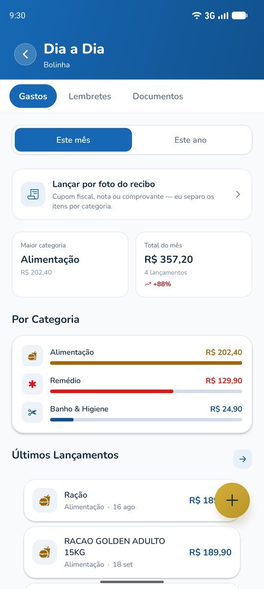 Gastos do pet: Por mês ou por ano, sem digitar um número.