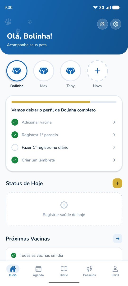 Tudo num lugar só: A tela inicial: perfil, o que falta completar e as próximas vacinas.