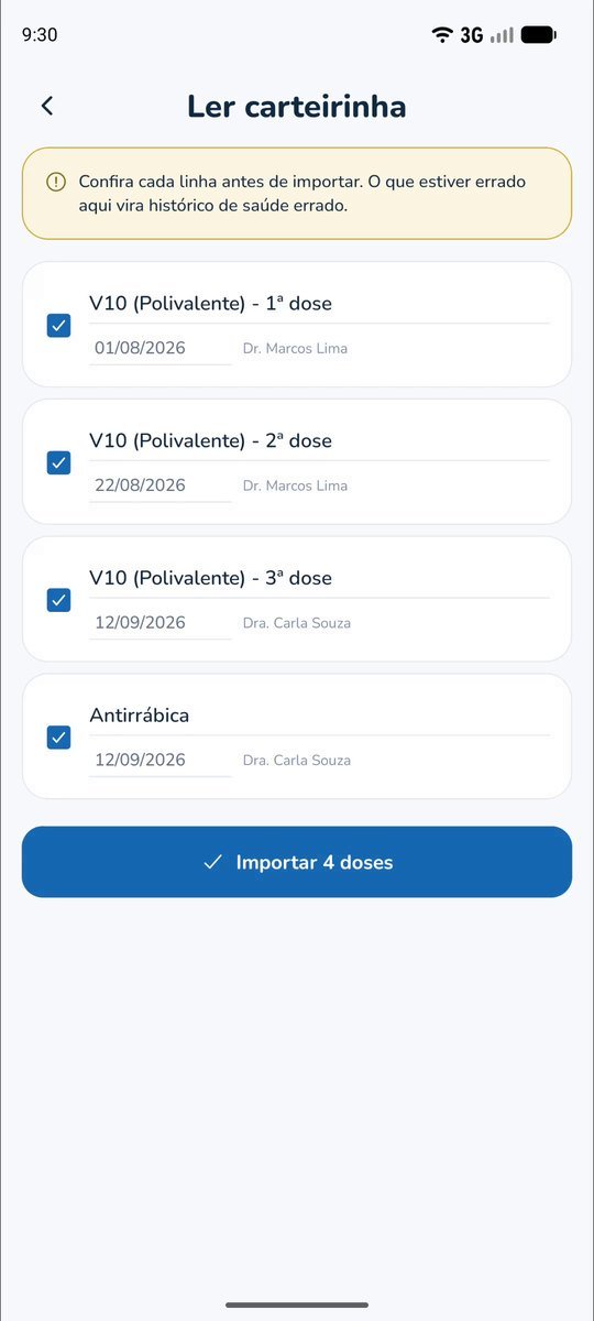 Carteirinha lida da foto: Cada dose reconhecida, para você conferir antes de importar.